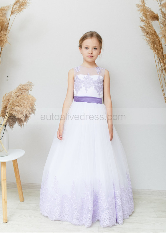 Purple Lace Tulle V Back Flower Girl Dress